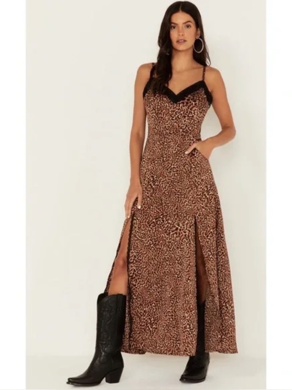 IDYLLWIND Alexandria Leopard Print Maxi Slip Dress Pockets & 2 slits Size Large